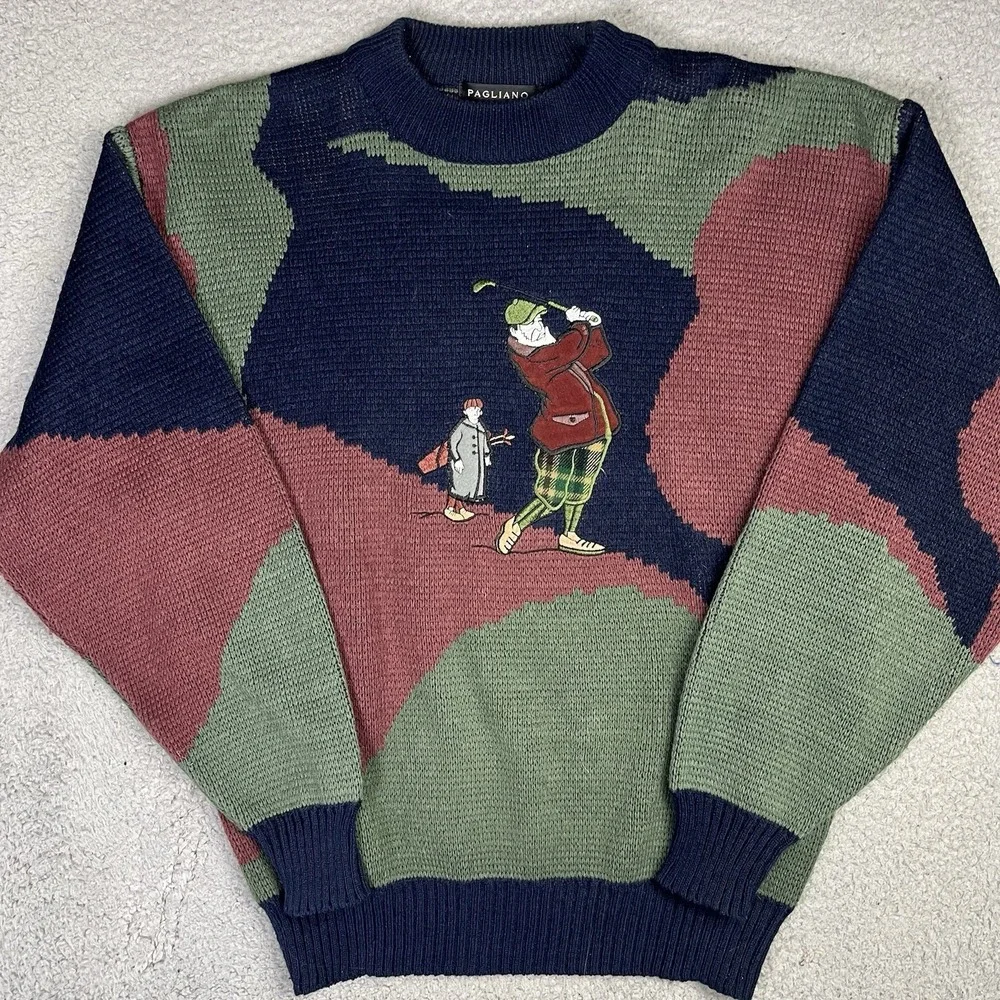 VTG 90s Golf Sweater Mens Medium Colorblock Embroidered Golfer Knit Pullover